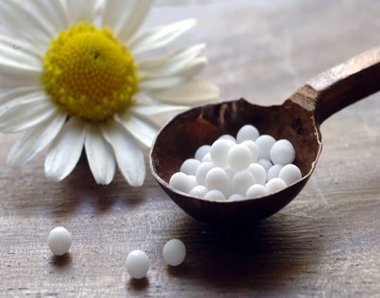 Homeopathic globules with a chamomile flower